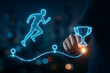 © techgiants - The concept of a competitive business race to achieve corporate success and reaching goals, shown by a digital runner pointing towards a sparkling trophy