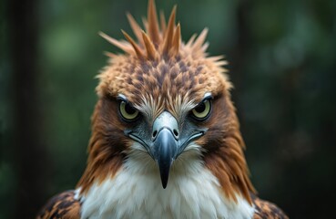 Close-up of Philippine eagle head. Large bird of prey with brown and white feathers, sharp beak, and intense gaze. Endangered species native to Philippine forests.