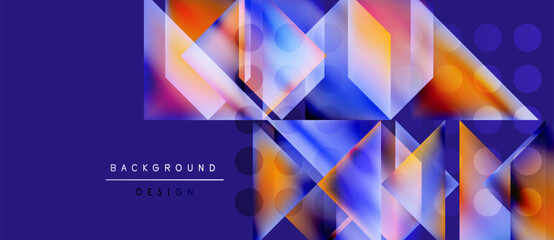 Wall Mural - Abstract geometric shapes overlap, creating vibrant colorful background. Purple dominates, accented by blues, oranges, yellows. Modern design elements present.