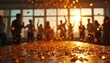 © Vadym - Golden confetti falls on table as silhouettes of people celebrate indoors near window with sunlight. Colleagues rejoice during office party or corporate event, happy mood.