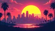 © Vadym - Retro style illustration of Los Angeles downtown at scenic sunset. Pink sky, palm trees add vacational mood. City silhouette reflected in water. Good choice for graphic design, advertising about