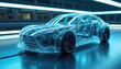 © Vadym - Transparent auto with internal parts visible moves on road. Futuristic car design, blue light glow, advanced tech concept. Clean energy vehicle exploration.