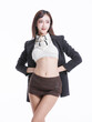 © Bangkok Click Studio - Profile portrait asian pretty young cute woman model beautiful slender body attractive confident in trendy costume standing smiling posing showing in white studio background, fashion  stylish concept.