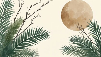 Abstract botanical art features lush foliage branches and a large circular element. Earthy tones like beige gold create calming mood. Minimalist design suits home decor projects or print designs.