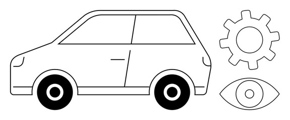 Car outline with a gear and an eye symbolizes advanced vehicle systems and AI. Ideal for technology, automation, transportation, innovation, AI, mechanics, future trends. Simple flat metaphor