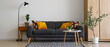 © Pixel-Shot - Interior of modern living room with black sofa, tables and lamp