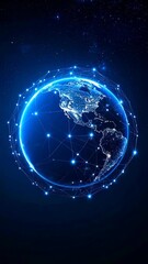 Wall Mural - Global network communication with glowing connections surrounding Earth; technological concept of data transmission, internet, future, and science against starry sky background.