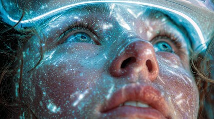 Wall Mural - Woman with illuminated face gazing upwards, surrounded by cosmic light patterns and colors