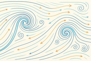 Wall Mural - Abstract fluid dynamics vortex pattern with swirling airflow lines and arrows on light background illustrating scientific motion concept. Ai generative