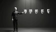 © Vadym - Faceless mannequin in dark suit points at several hanging theater masks. Masks display various human emotions like sadness, fear, anger. Choosing role, identity, facade, making tough business