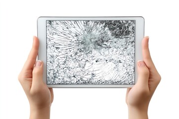 Hand Holding Cracked Tablet Isolated on White Background