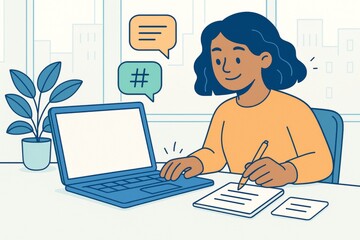Wall Mural - Woman working at desk with blank laptop screen and paper for mockup or branding concept in clean office environment with flat design style. Ai generative
