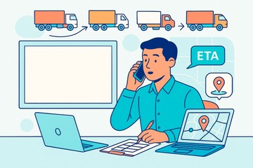 Wall Mural - Logistics manager coordinating truck delivery with ETA tracking on laptops and phone in office setting with blank monitor screen in view. Ai generative