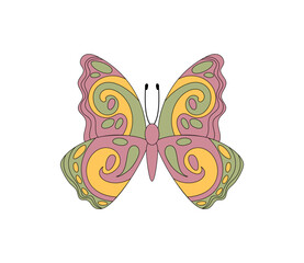 Wall Mural - Groovy retro butterfly sticker in colorful 70s swirl pattern. Funky graphic as y2k groovy element, playful and fun, vintage look, bright visual for trendy and cool artistic decor.