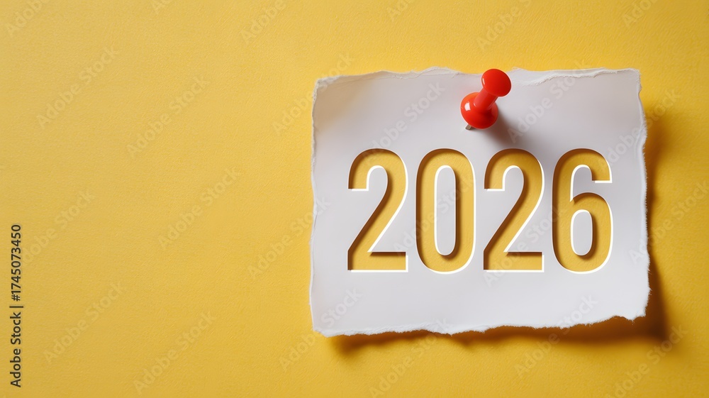 A torn white paper note with the year 2026 cut out is pinned to a ...