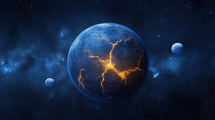 Wall Mural - a deep blue sphere surrounded by fiery glimmers and cosmic emanations in a star-scattered galaxy