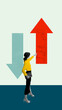 © master1305 - Creative artwork. Woman pointing upward red arrow symbolizing positive direction and growth. Concept of management and leadership, goal setting, and career development with optimistic emotion.