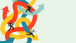 © master1305 - Graphic composition. Businessmen running through tangled arrows. Concept of confusion, decision-making, business navigation, problem-solving, competition, corporate challenge.