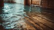 © Suryani - Flowing water spreading across a dark rustic wooden floor indoors