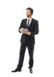 © Pixel-Shot - Young male secretary with clipboard and headset on white background