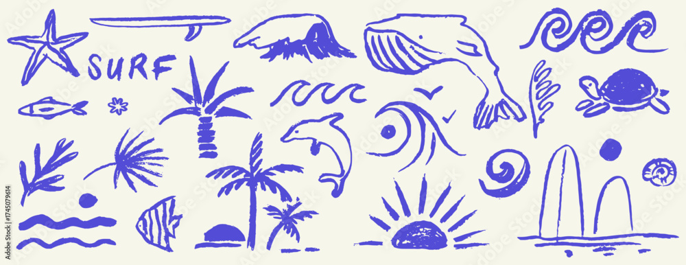 Hand drawn doodle beach and surf vector illustrations set. Tropical ...