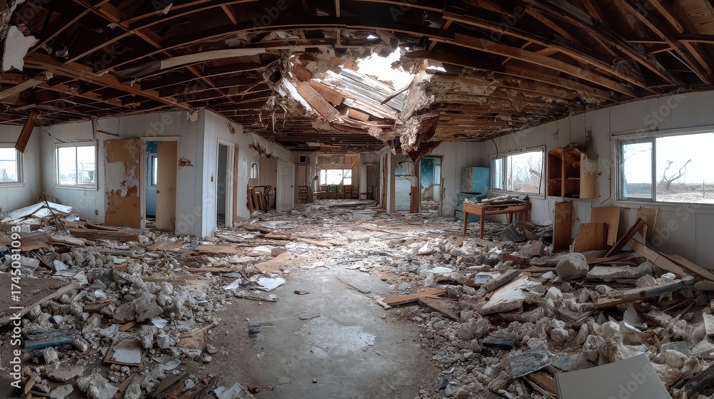 Severely damaged interior of an abandoned building with collapsed ...