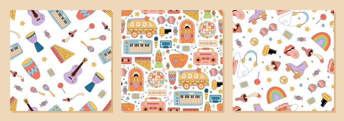 Wall Mural - Groovy retro music seamless pattern set in colorful y2k style. Disco, boombox, guitar and cassette form fun background with seamless pattern. Vibrant pop mood, playful concept for creative set.