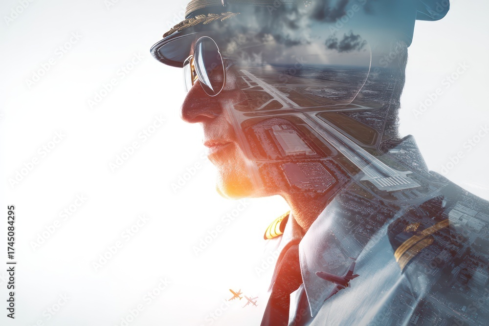 Double Exposure Pilot with Airplanes Airport Runways Sky Stock Photo ...