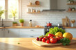 © Vadym - Fresh vegetables on wooden cutting board in modern kitchen. Tomatoes, lettuce, and lemons on countertop. Bright kitchen interior with white cabinets and wooden shelves.