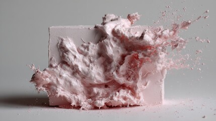 Pink powder exploding against neutral background conceptual abstract product composition