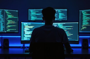 Man sits at desk with multiple computer monitors. Person works on computer with code on screens. Coder develops software in dark room with blue light.