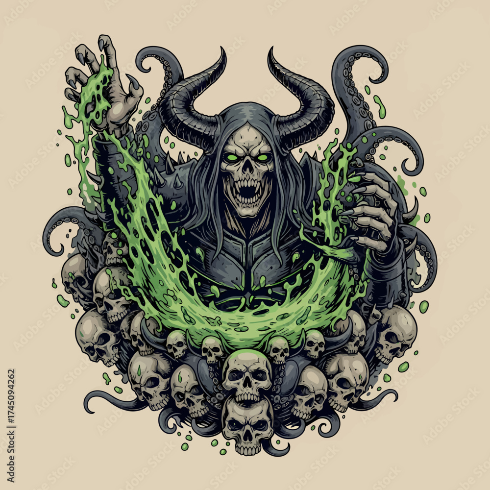 Evil Sorcerer Conjuring Green Magic With Skulls Fantasy Illustration ...