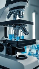 Wall Mural - a close-up view of a laboratory microscope stage holding vials of blue liquid under bright laboratory lighting.