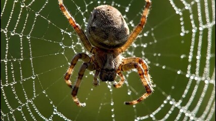 Close up of a garden spider on its intricate web with dew drops video