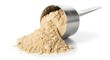© Ashley - Metal scoop spills powder creating a textured mound on a white background