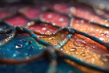 Macro Shot of Colorful Wet Fishing Net Texture