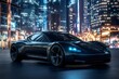 © Татьяна Евдокимова - Futuristic matte black electric sports car parked in a vibrant night city street with glowing skyscrapers, symbolizing advanced technology