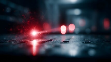 Wall Mural - A vibrant red laser beam generates sparks and bright reflections on a dark wet surface in a technological setting