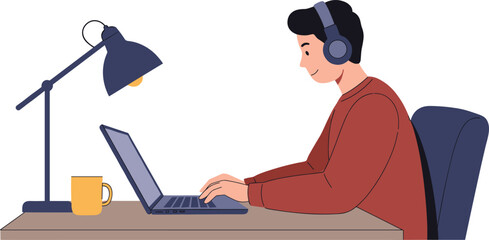 Remote work setup, programmer at desk, coding lifestyle, laptop workspace, focused developer, headphones study, productivity illustration, modern work environment, digital tools,