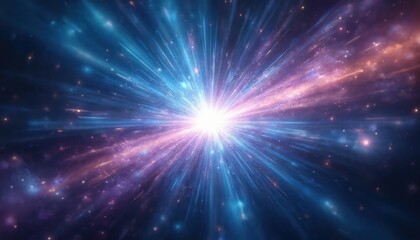 Wall Mural - Bright light explodes from center point. Energetic blue, purple, white rays radiate out. Cosmic abstract background shows dynamic burst of color. Big bang supernova sci fi space scene with stars,