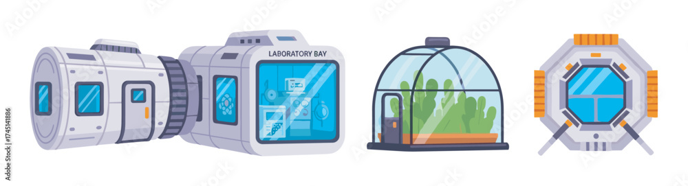 Cartoon illustration of futuristic modular space habitats featuring a ...