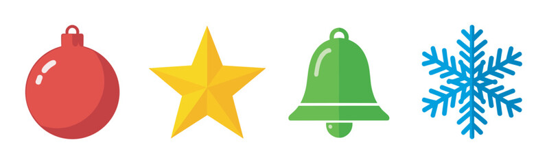 Four colorful christmas icons featuring a red ornament, yellow star, green bell, and blue snowflake arranged in a row.