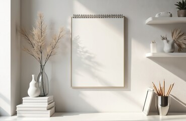 Minimalist interior scene with blank canvas art or notebook on wall above desk. Includes decorative dried plants, books, pencils and small frame.