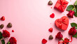 © bazou - Romantic Valentine's Day composition with vibrant red roses, heart-shaped gift boxes, and chocolates on a soft pink background, perfect for expressing love and celebration