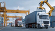 © forenna - Massive smart port where robotic arms transfer intelligent containers to autonomous trucks, symbolizing high-speed logistics innovation, maritime automation, and fully integrated AI-driven