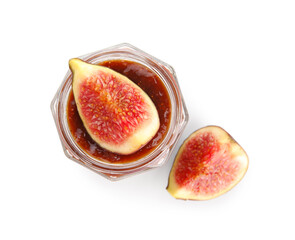 Wall Mural - Glass jar of sweet fig jam isolated on white background, closeup