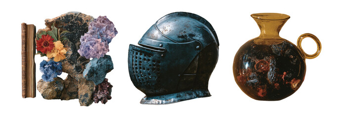 Retro Cutout Collage with Floral Rock, Knight Helmet, and Vintage Vase