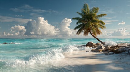 Wall Mural - Palm tree on a white sand beach with turquoise ocean water and cloudy skies. Use for travel, vacation, or tropical paradise themed projects.