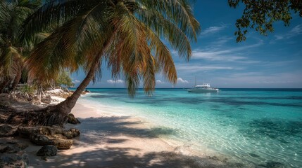 Wall Mural - Sandy beach with palms and clear, turquoise water, boat anchored. Perfect for travel, tourism, and summer vacation themes or projects.