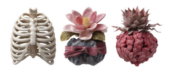 Unique Still Life of Rib Cage, Flower, and Pineapple in a Transparent Style